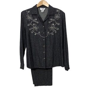 Cervelle Vintage Silk Casual Pants Suit/Set Rhinestone & Piping Womens M Western